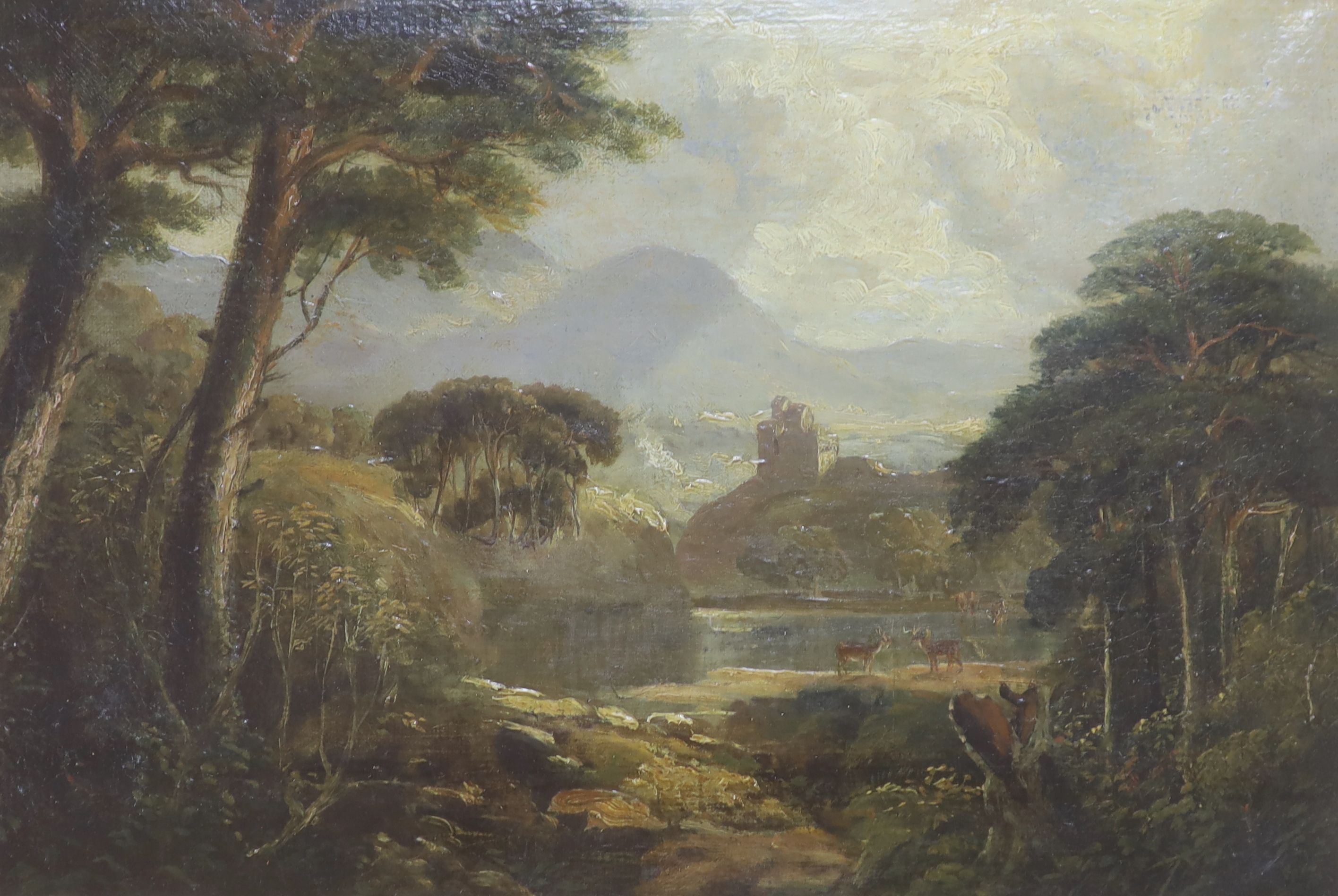 English School (19th century), mountainous landscape with deer in foreground and a view of a fortified house, oil, in glazed frame (old catalogue description and provenance verso), 29 x 43cm 28.5 x 42cm